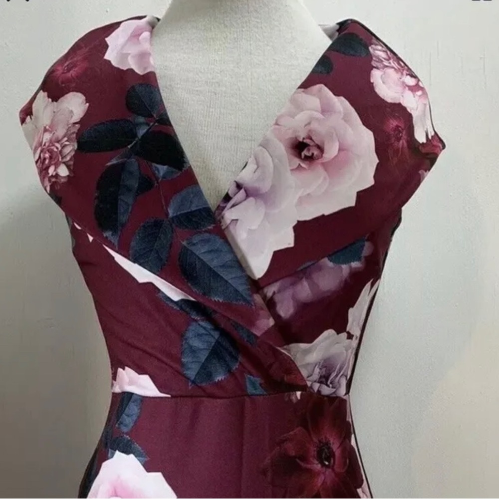 Quiz Floral Dress Wrap Front Berry & Teal Stretch V-Neck Cap Sleeves Big Collar - Picture 5 of 11